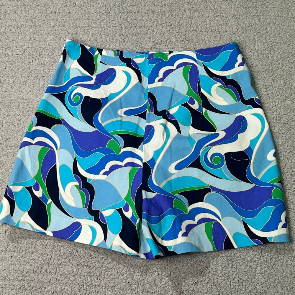 Zara Shorts Retro Psychedelic Swirl Print Medium Blue Green Mod Coastal Festival